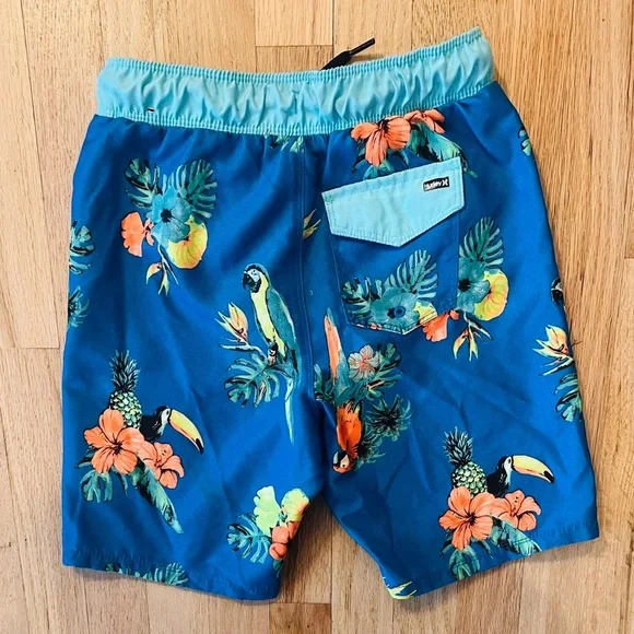 Hurley Boys' Pull on Swim Trunks, Neptune Blue / Parrot Floral, sz Small 8 - 10 - Picture 3 of 6